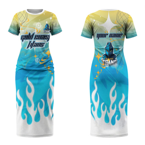 Personalized Gold Coast Titans Family Matching Short Sleeve Bodycon Dress and Hawaiian Shirt Y2K Grunge Aesthetic With Cyber Flames and Starburst Graphics
