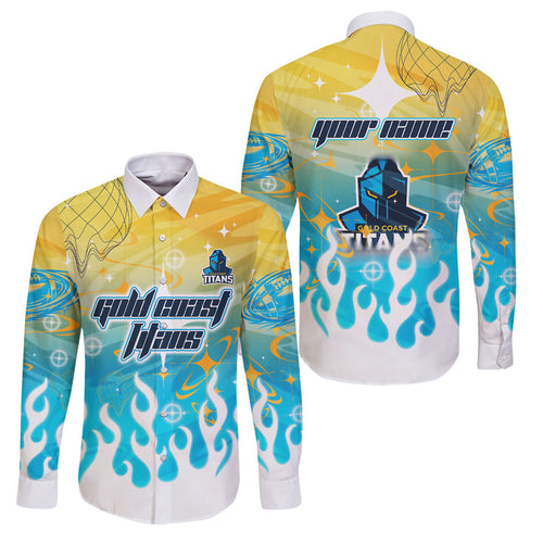 Personalized Gold Coast Titans Family Matching Short Sleeve Bodycon Dress and Hawaiian Shirt Y2K Grunge Aesthetic With Cyber Flames and Starburst Graphics