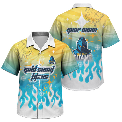 Personalized Gold Coast Titans Family Matching Short Sleeve Bodycon Dress and Hawaiian Shirt Y2K Grunge Aesthetic With Cyber Flames and Starburst Graphics