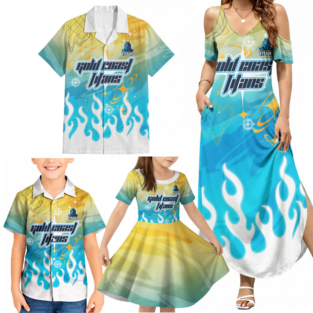 Personalized Gold Coast Titans Family Matching Summer Maxi Dress and Hawaiian Shirt Y2K Grunge Aesthetic With Cyber Flames and Starburst Graphics