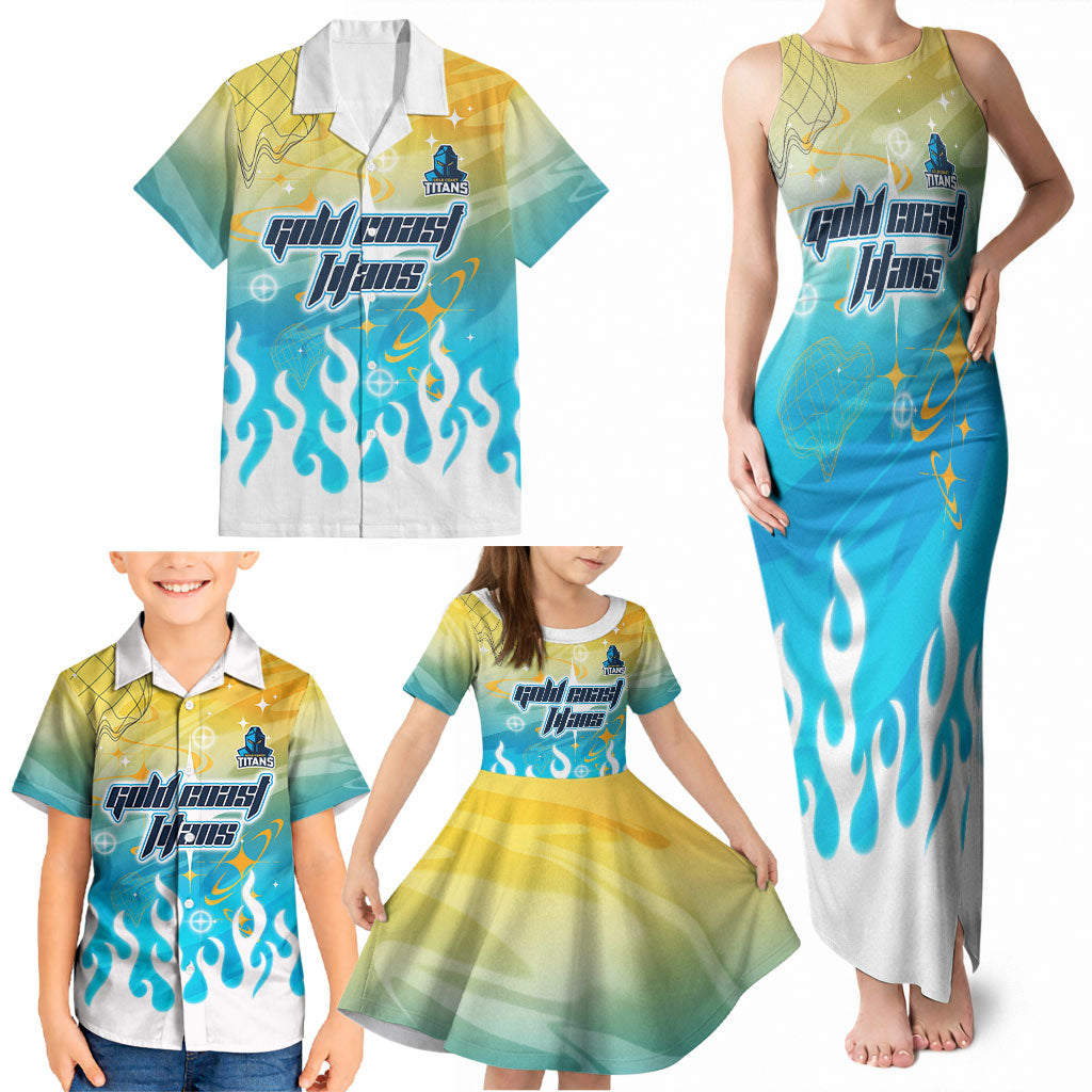 Personalized Gold Coast Titans Family Matching Tank Maxi Dress and Hawaiian Shirt Y2K Grunge Aesthetic With Cyber Flames and Starburst Graphics