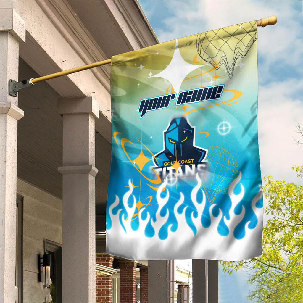 Personalized Gold Coast Titans Garden Flag Y2K Grunge Aesthetic With Cyber Flames and Starburst Graphics