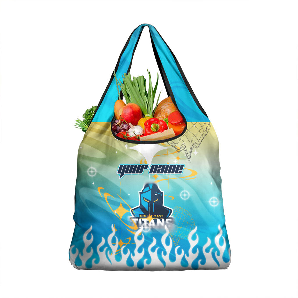 Personalized Gold Coast Titans Grocery Bag Y2K Grunge Aesthetic With Cyber Flames and Starburst Graphics
