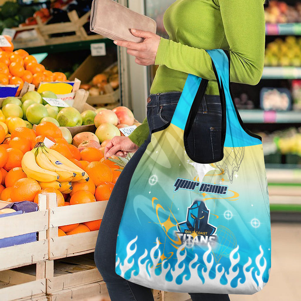 Personalized Gold Coast Titans Grocery Bag Y2K Grunge Aesthetic With Cyber Flames and Starburst Graphics