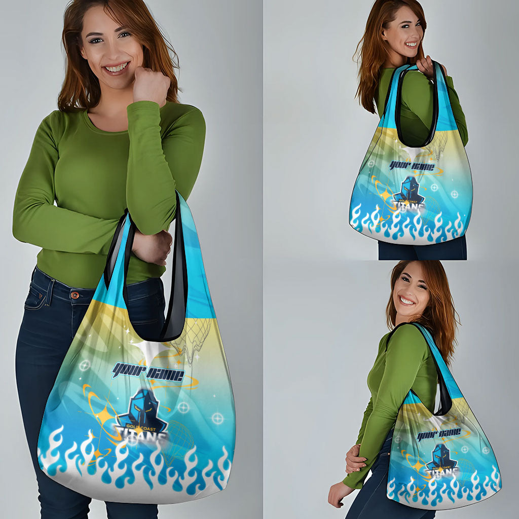 Personalized Gold Coast Titans Grocery Bag Y2K Grunge Aesthetic With Cyber Flames and Starburst Graphics