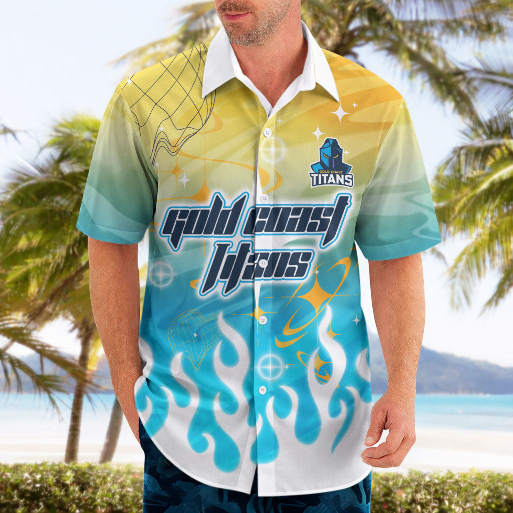 Personalized Gold Coast Titans Hawaiian Shirt Y2K Grunge Aesthetic With Cyber Flames and Starburst Graphics