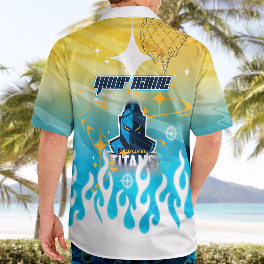 Personalized Gold Coast Titans Hawaiian Shirt Y2K Grunge Aesthetic With Cyber Flames and Starburst Graphics