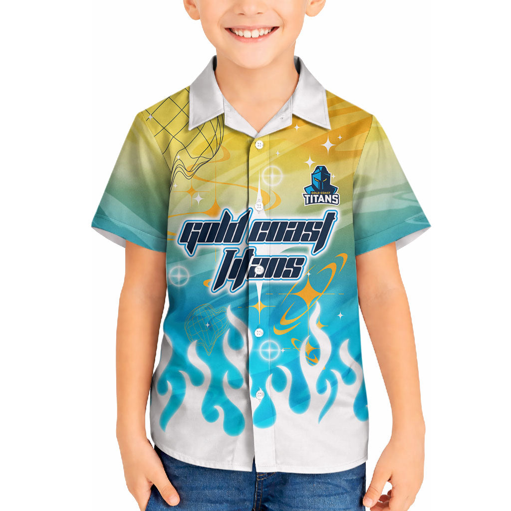 Personalized Gold Coast Titans Hawaiian Shirt Y2K Grunge Aesthetic With Cyber Flames and Starburst Graphics