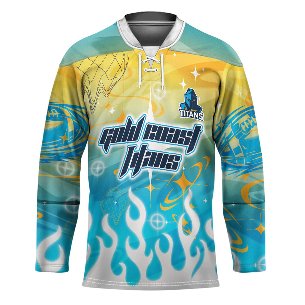 Personalized Gold Coast Titans Hockey Jersey Y2K Grunge Aesthetic With Cyber Flames and Starburst Graphics