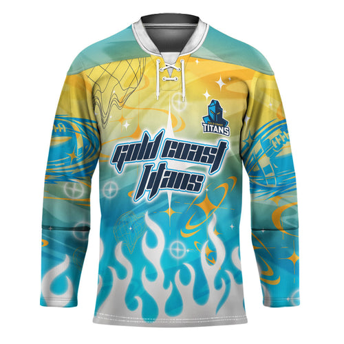 Personalized Gold Coast Titans Hockey Jersey Y2K Grunge Aesthetic With Cyber Flames and Starburst Graphics