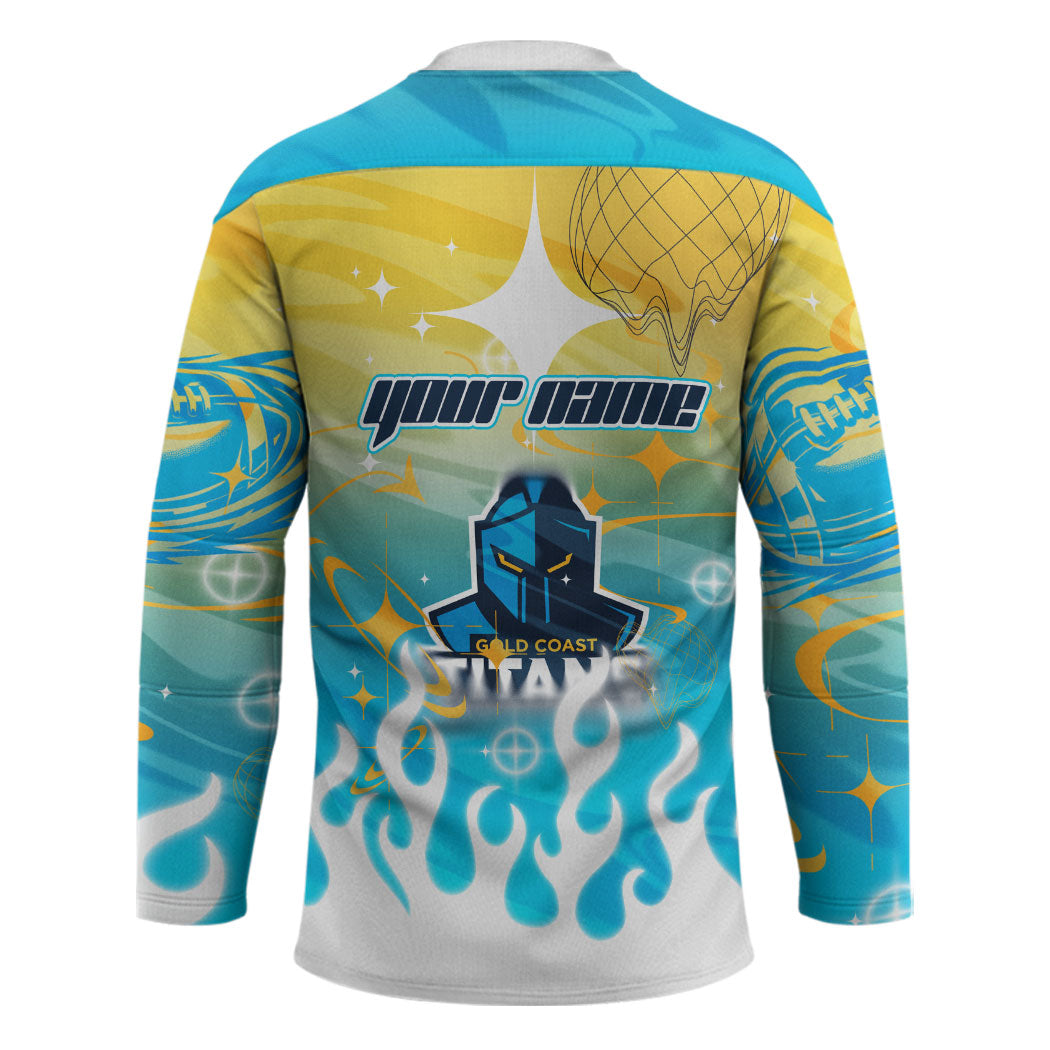 Personalized Gold Coast Titans Hockey Jersey Y2K Grunge Aesthetic With Cyber Flames and Starburst Graphics