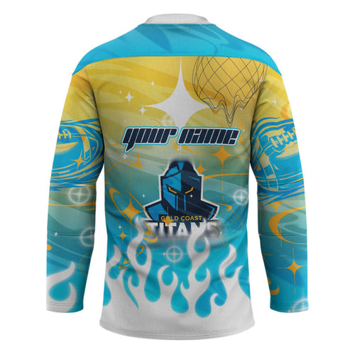 Personalized Gold Coast Titans Hockey Jersey Y2K Grunge Aesthetic With Cyber Flames and Starburst Graphics