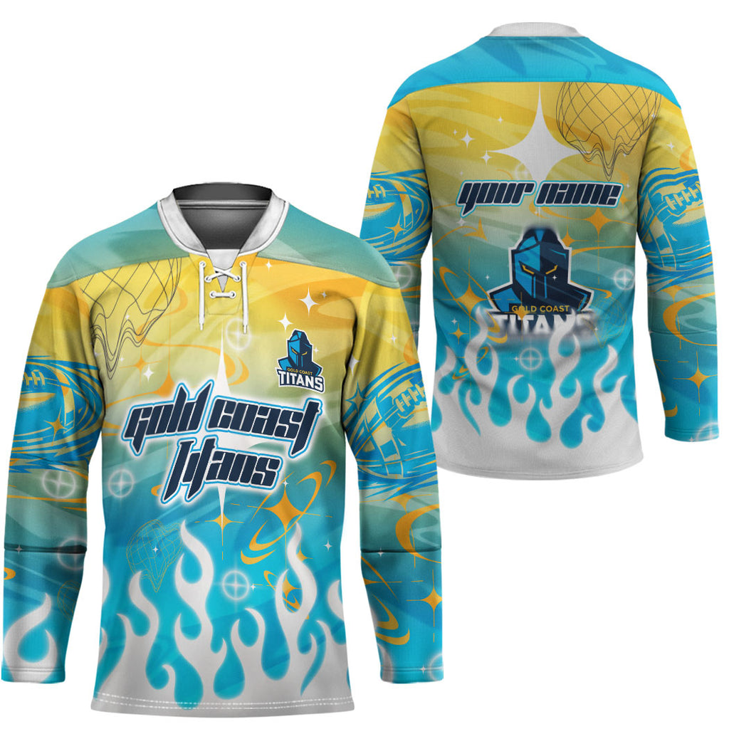 Personalized Gold Coast Titans Hockey Jersey Y2K Grunge Aesthetic With Cyber Flames and Starburst Graphics