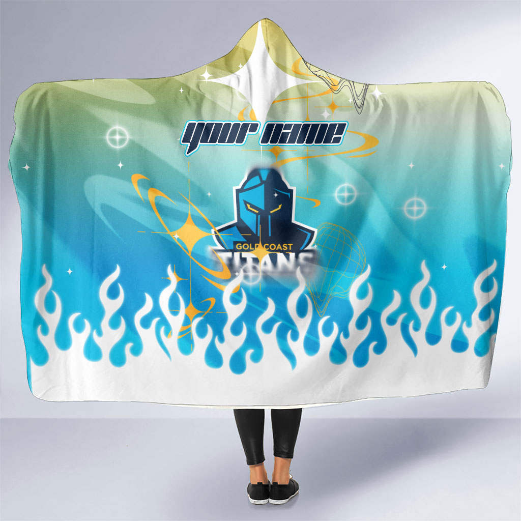 Personalized Gold Coast Titans Hooded Blanket Y2K Grunge Aesthetic With Cyber Flames and Starburst Graphics