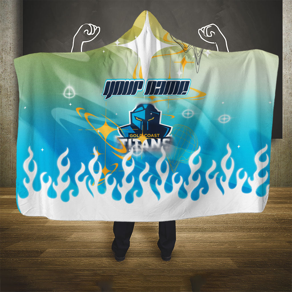 Personalized Gold Coast Titans Hooded Blanket Y2K Grunge Aesthetic With Cyber Flames and Starburst Graphics
