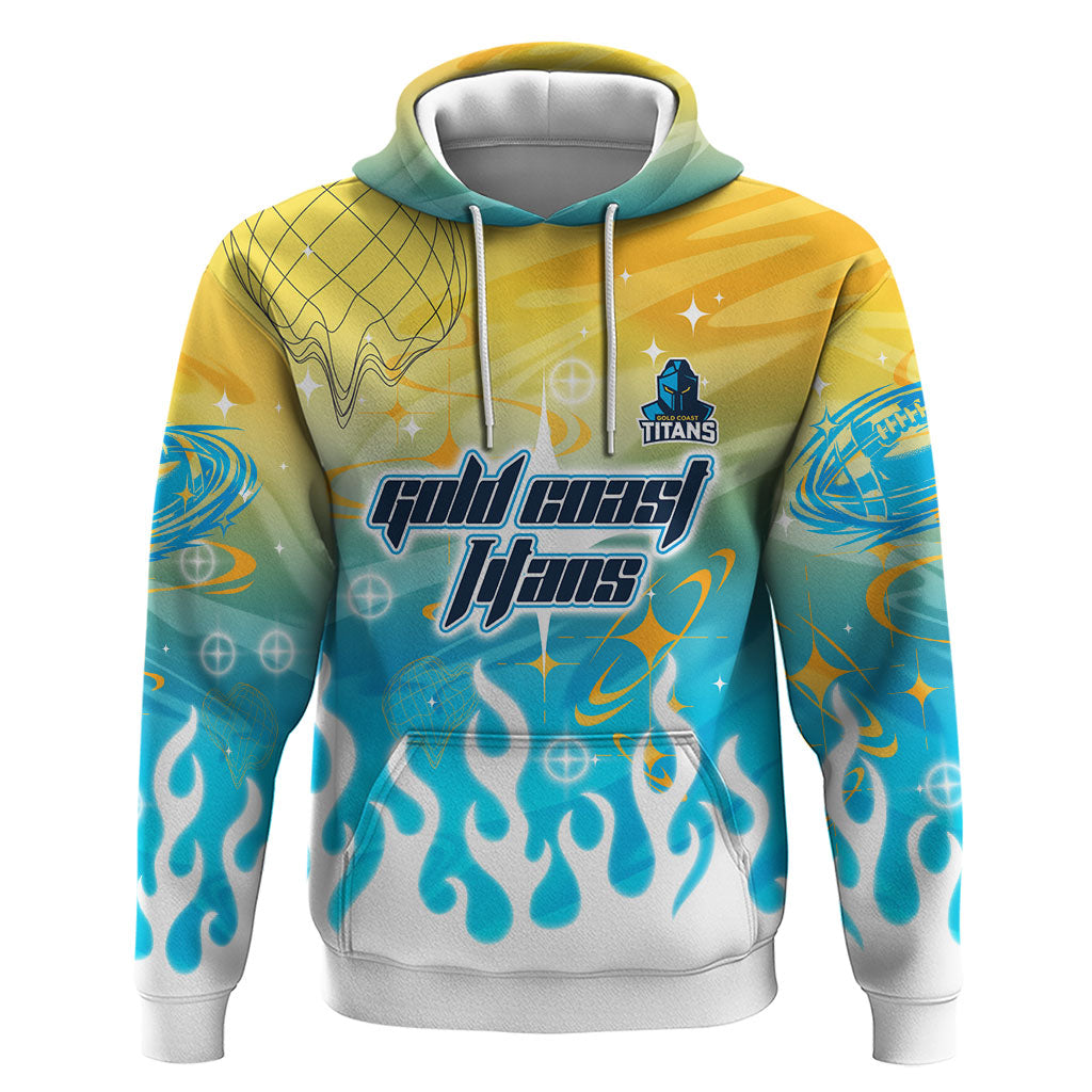 Personalized Gold Coast Titans Hoodie Y2K Grunge Aesthetic With Cyber Flames and Starburst Graphics