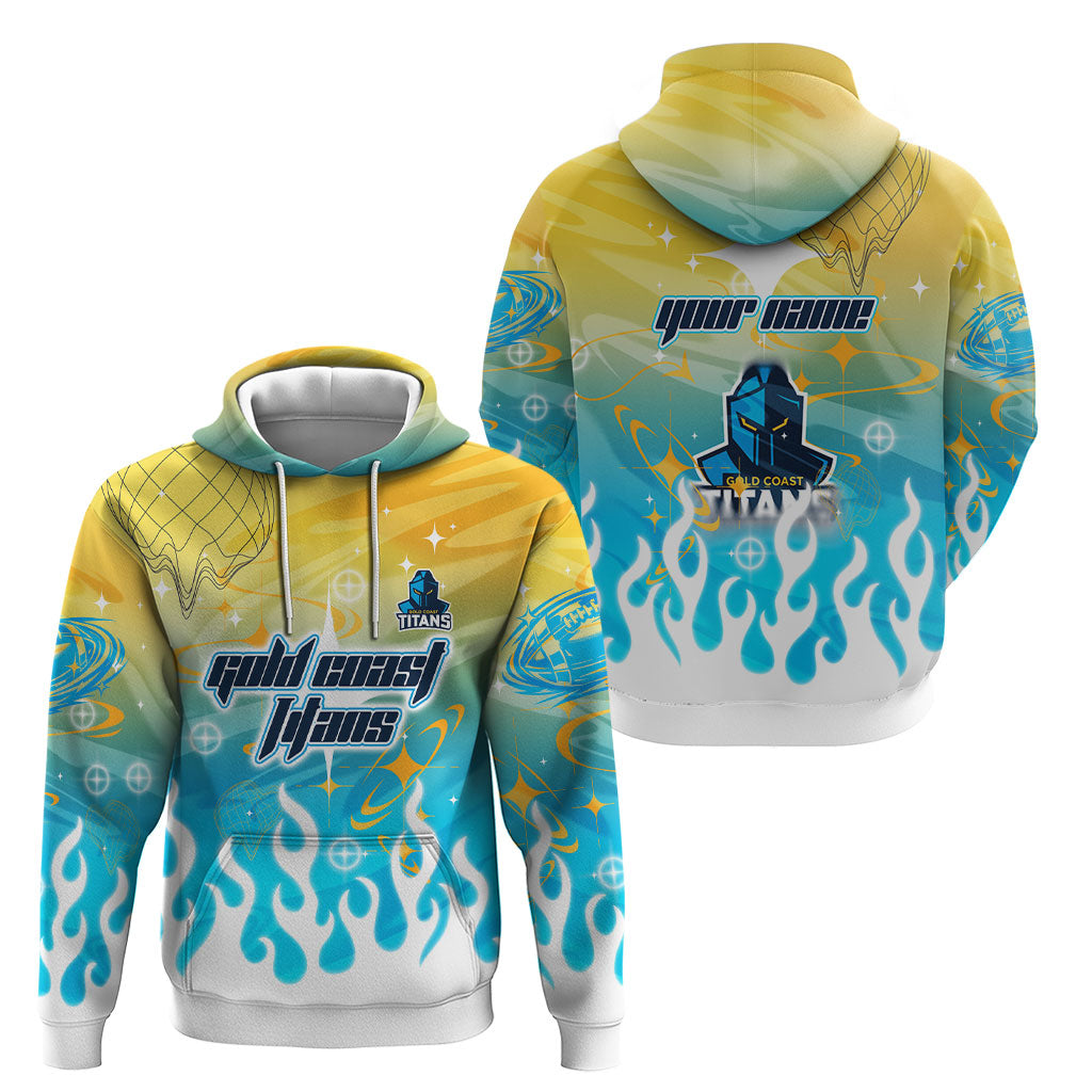 Personalized Gold Coast Titans Hoodie Y2K Grunge Aesthetic With Cyber Flames and Starburst Graphics