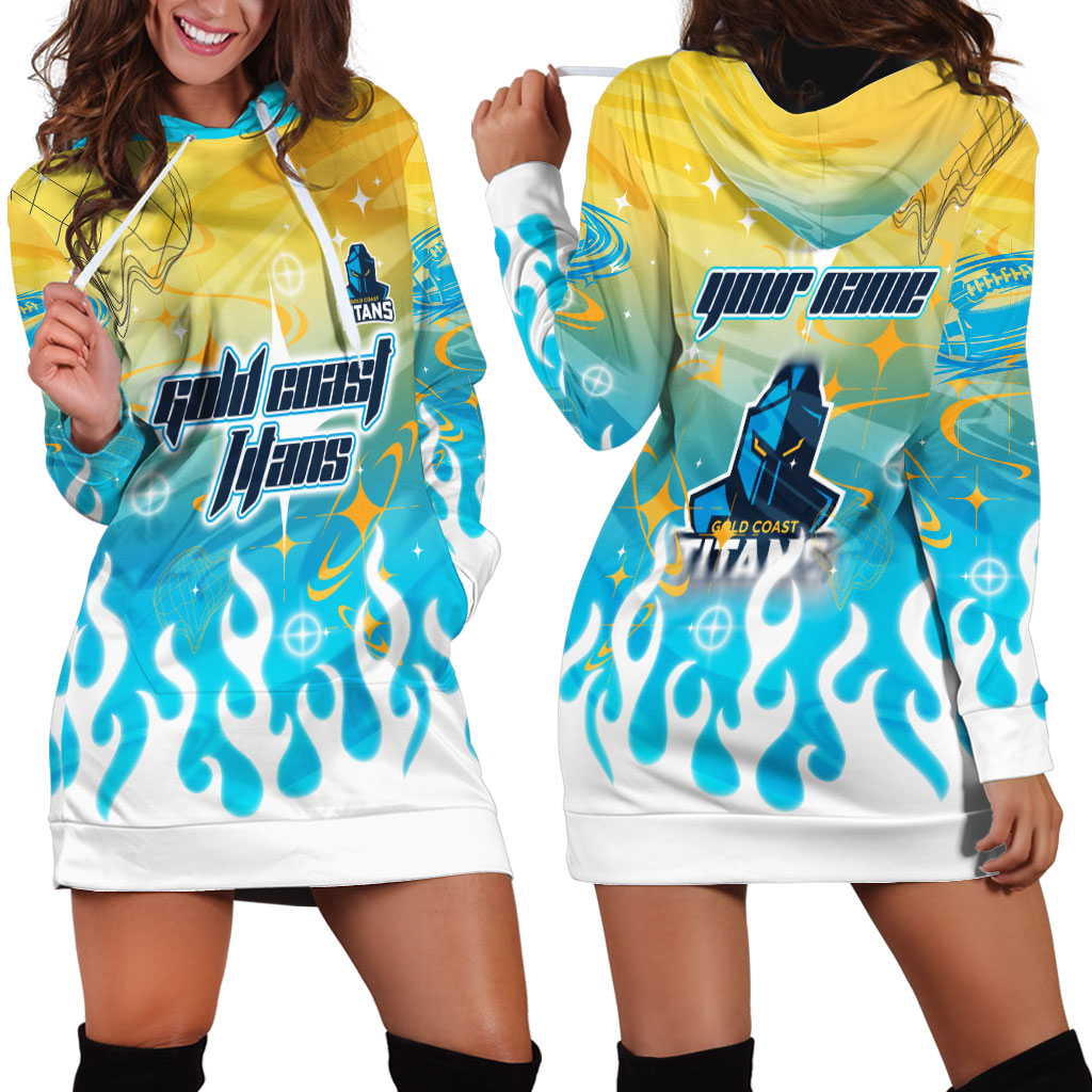 Personalized Gold Coast Titans Hoodie Dress Y2K Grunge Aesthetic With Cyber Flames and Starburst Graphics