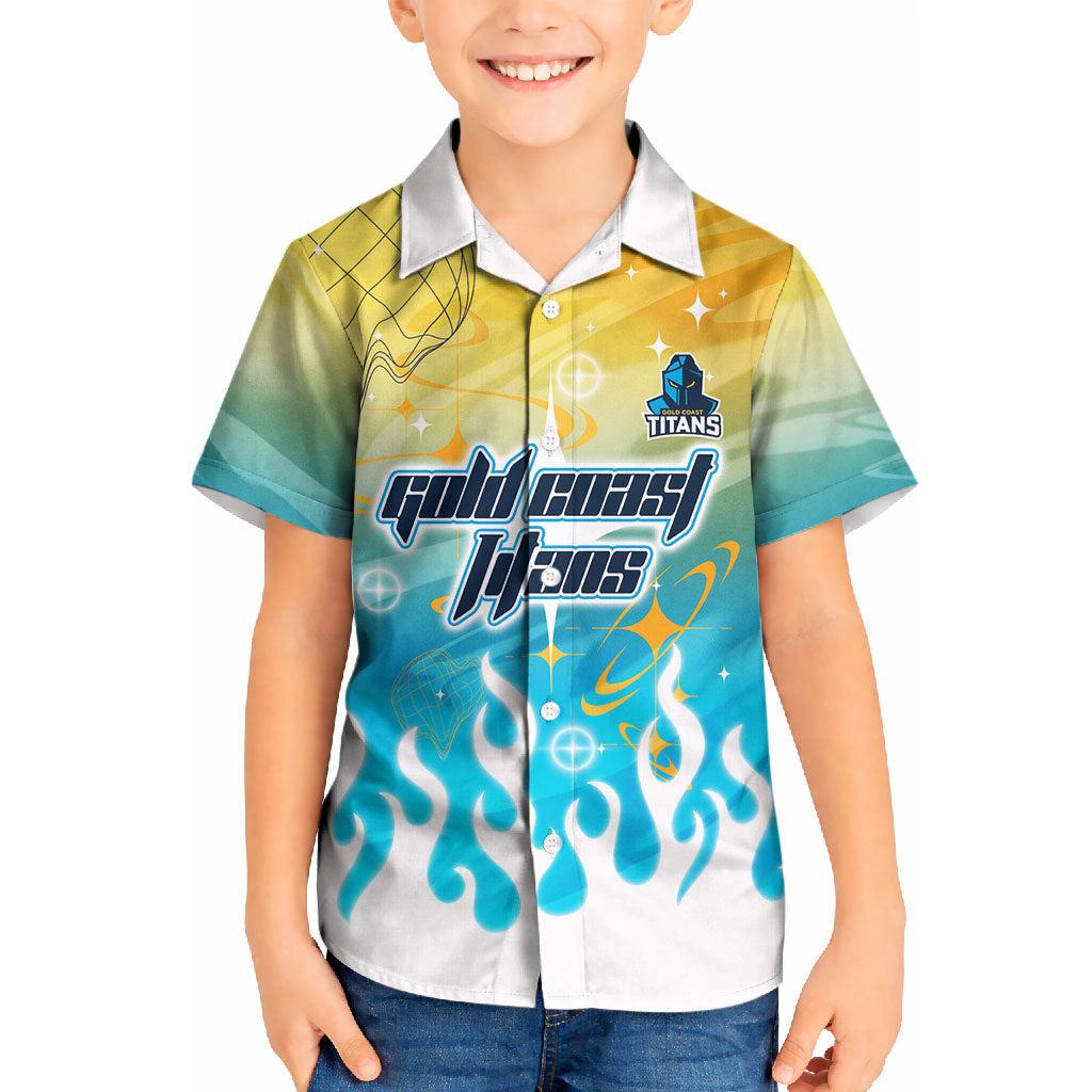 Personalized Gold Coast Titans Kid Hawaiian Shirt Y2K Grunge Aesthetic With Cyber Flames and Starburst Graphics