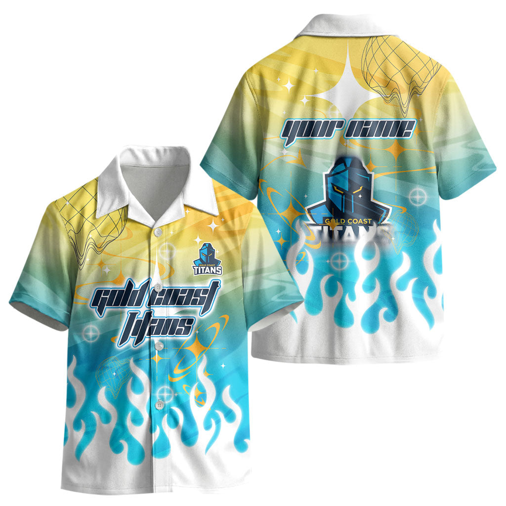 Personalized Gold Coast Titans Kid Hawaiian Shirt Y2K Grunge Aesthetic With Cyber Flames and Starburst Graphics