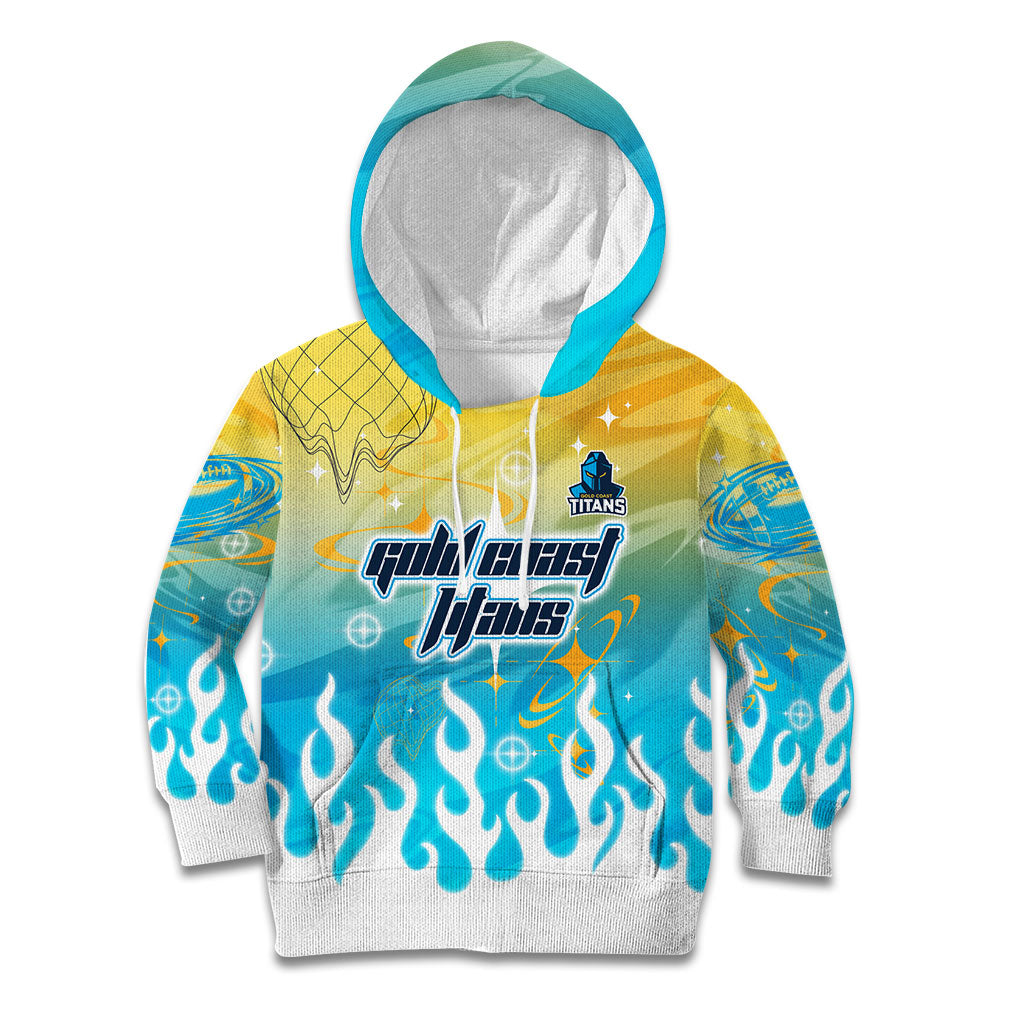 Personalized Gold Coast Titans Kid Hoodie Y2K Grunge Aesthetic With Cyber Flames and Starburst Graphics