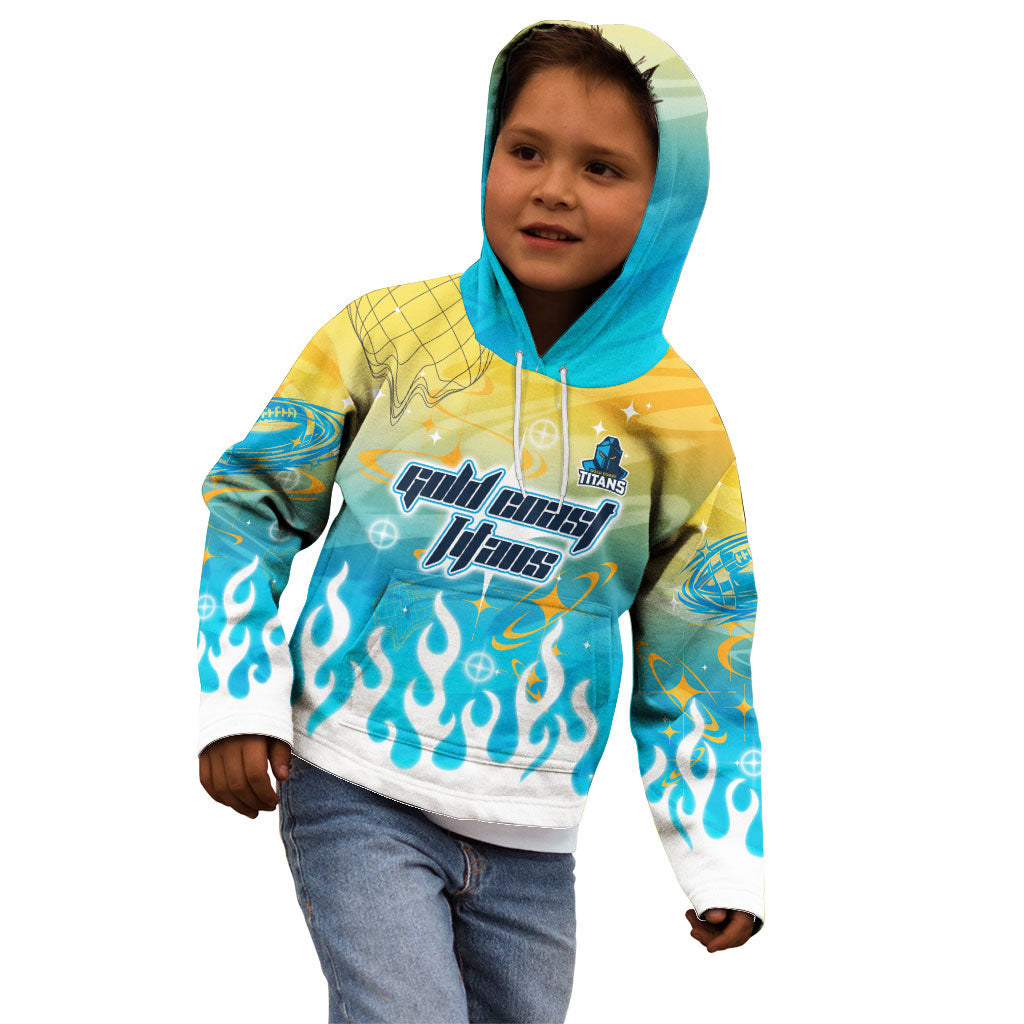 Personalized Gold Coast Titans Kid Hoodie Y2K Grunge Aesthetic With Cyber Flames and Starburst Graphics