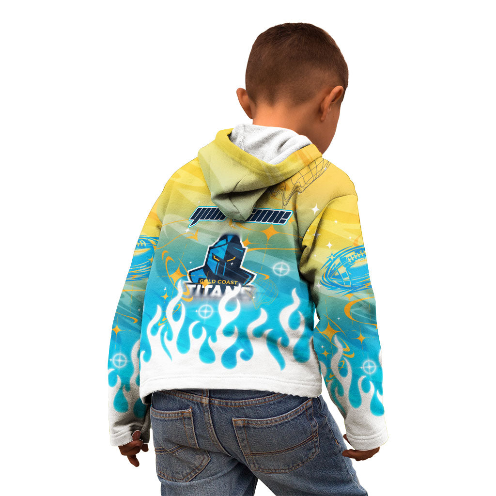 Personalized Gold Coast Titans Kid Hoodie Y2K Grunge Aesthetic With Cyber Flames and Starburst Graphics