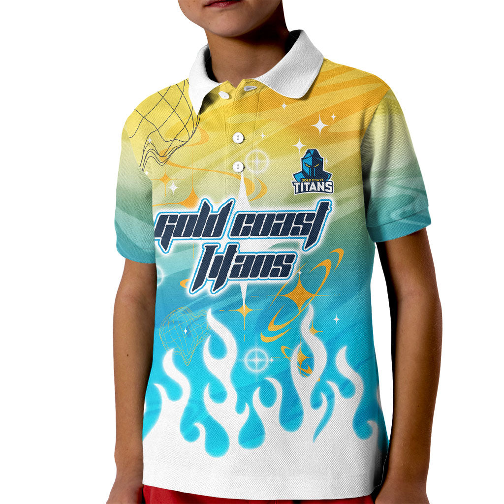 Personalized Gold Coast Titans Kid Polo Shirt Y2K Grunge Aesthetic With Cyber Flames and Starburst Graphics