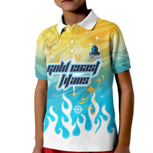 Personalized Gold Coast Titans Kid Polo Shirt Y2K Grunge Aesthetic With Cyber Flames and Starburst Graphics