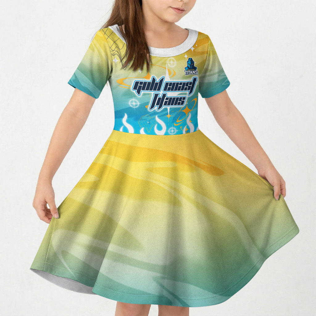 Personalized Gold Coast Titans Kid Short Sleeve Dress Y2K Grunge Aesthetic With Cyber Flames and Starburst Graphics