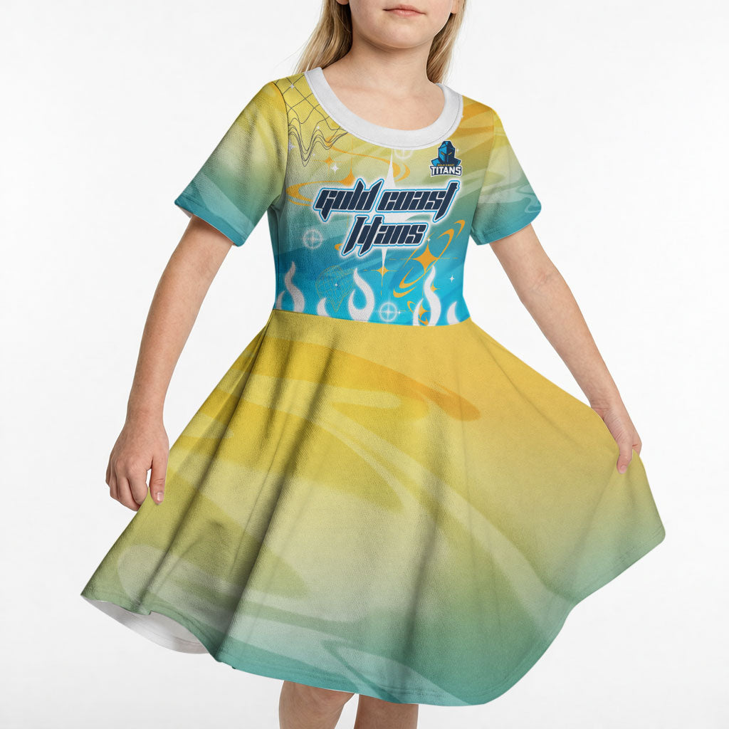Personalized Gold Coast Titans Kid Short Sleeve Dress Y2K Grunge Aesthetic With Cyber Flames and Starburst Graphics