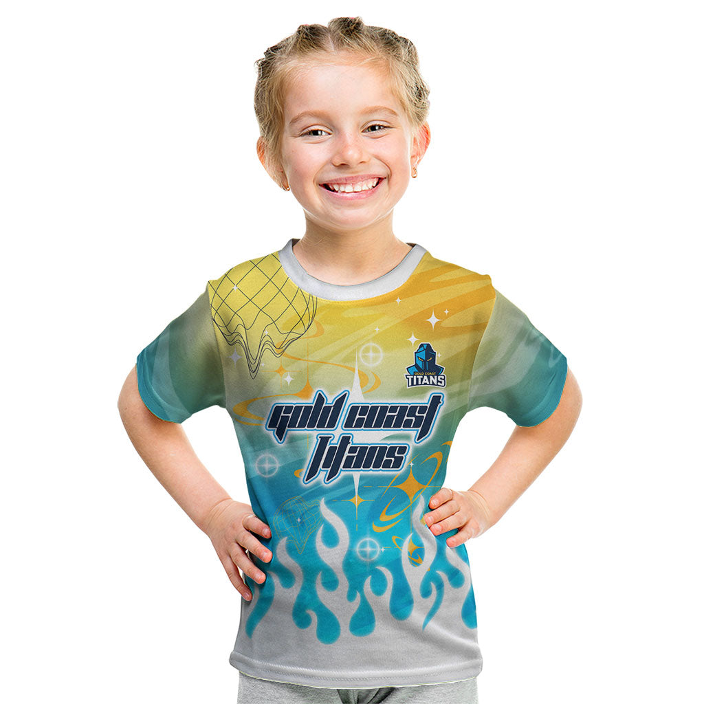 Personalized Gold Coast Titans Kid T Shirt Y2K Grunge Aesthetic With Cyber Flames and Starburst Graphics