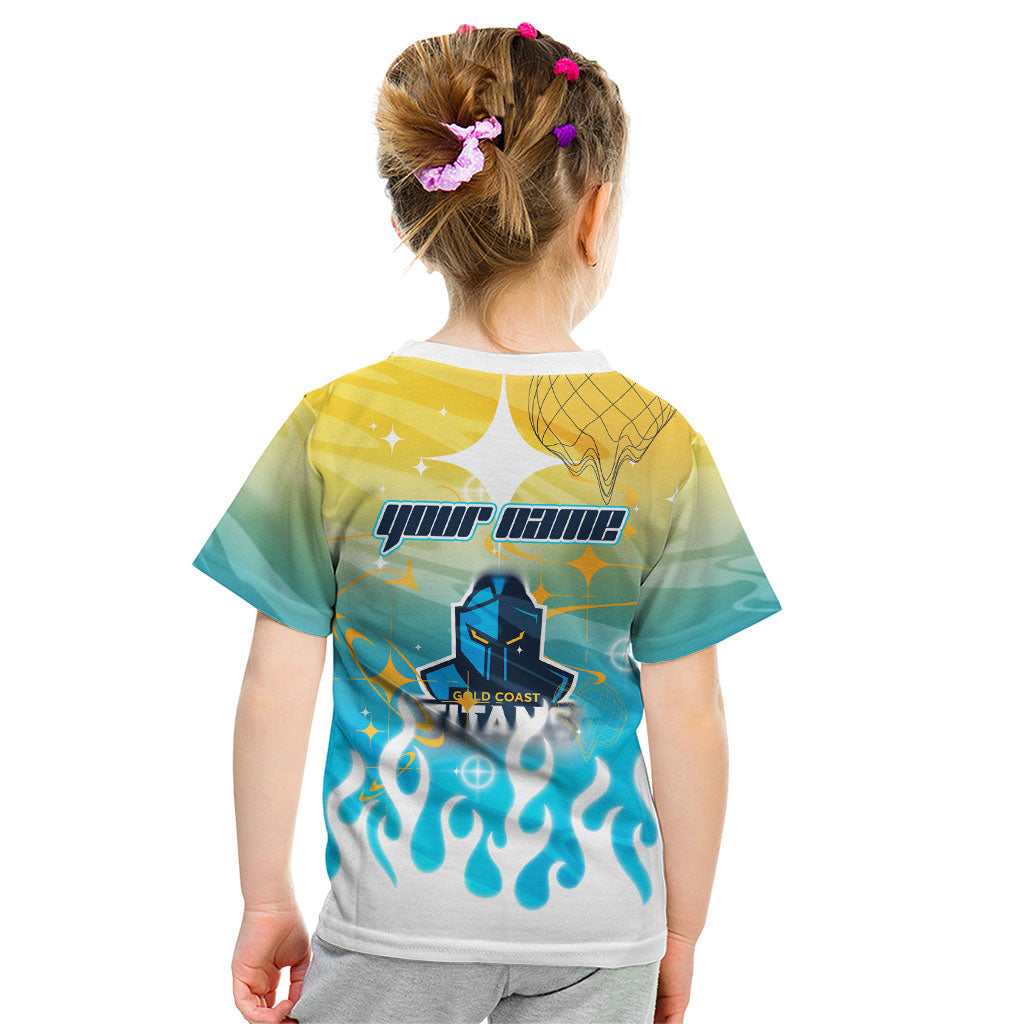 Personalized Gold Coast Titans Kid T Shirt Y2K Grunge Aesthetic With Cyber Flames and Starburst Graphics