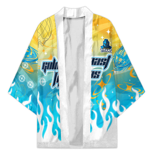 Personalized Gold Coast Titans Kimono Y2K Grunge Aesthetic With Cyber Flames and Starburst Graphics