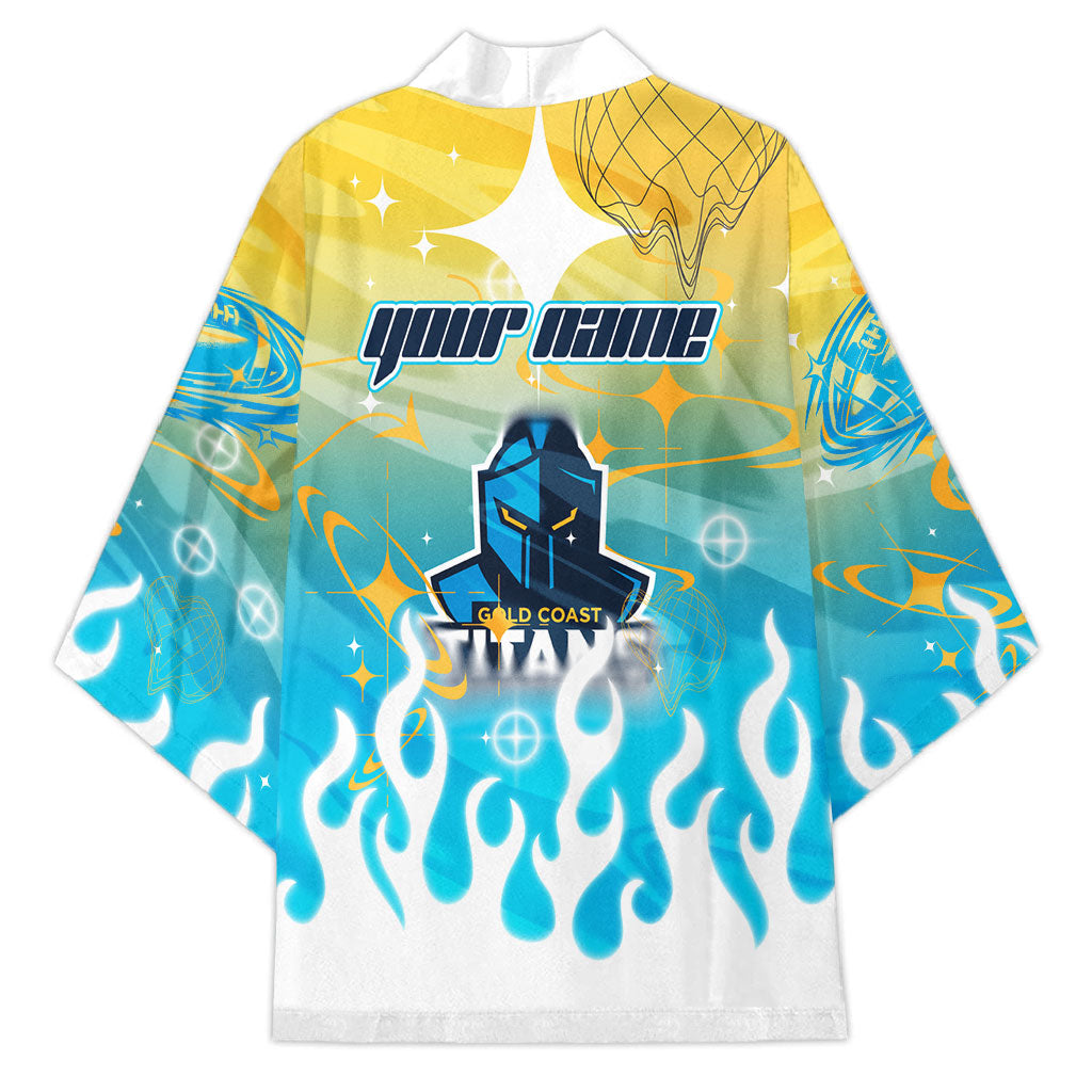 Personalized Gold Coast Titans Kimono Y2K Grunge Aesthetic With Cyber Flames and Starburst Graphics
