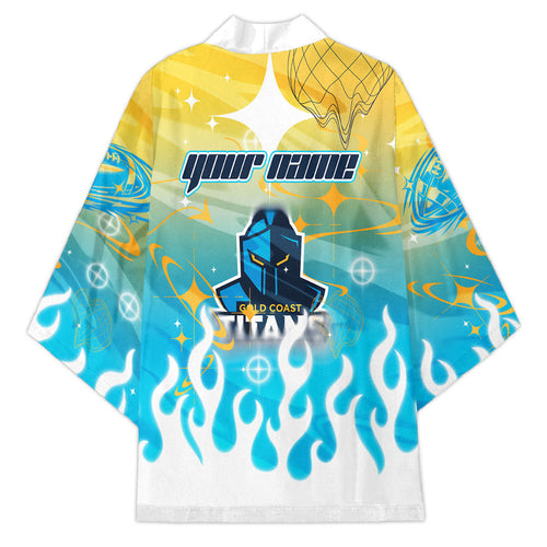 Personalized Gold Coast Titans Kimono Y2K Grunge Aesthetic With Cyber Flames and Starburst Graphics