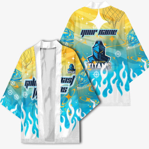 Personalized Gold Coast Titans Kimono Y2K Grunge Aesthetic With Cyber Flames and Starburst Graphics