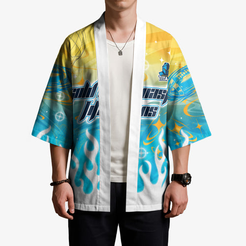 Personalized Gold Coast Titans Kimono Y2K Grunge Aesthetic With Cyber Flames and Starburst Graphics