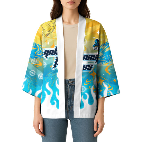 Personalized Gold Coast Titans Kimono Y2K Grunge Aesthetic With Cyber Flames and Starburst Graphics