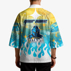 Personalized Gold Coast Titans Kimono Y2K Grunge Aesthetic With Cyber Flames and Starburst Graphics