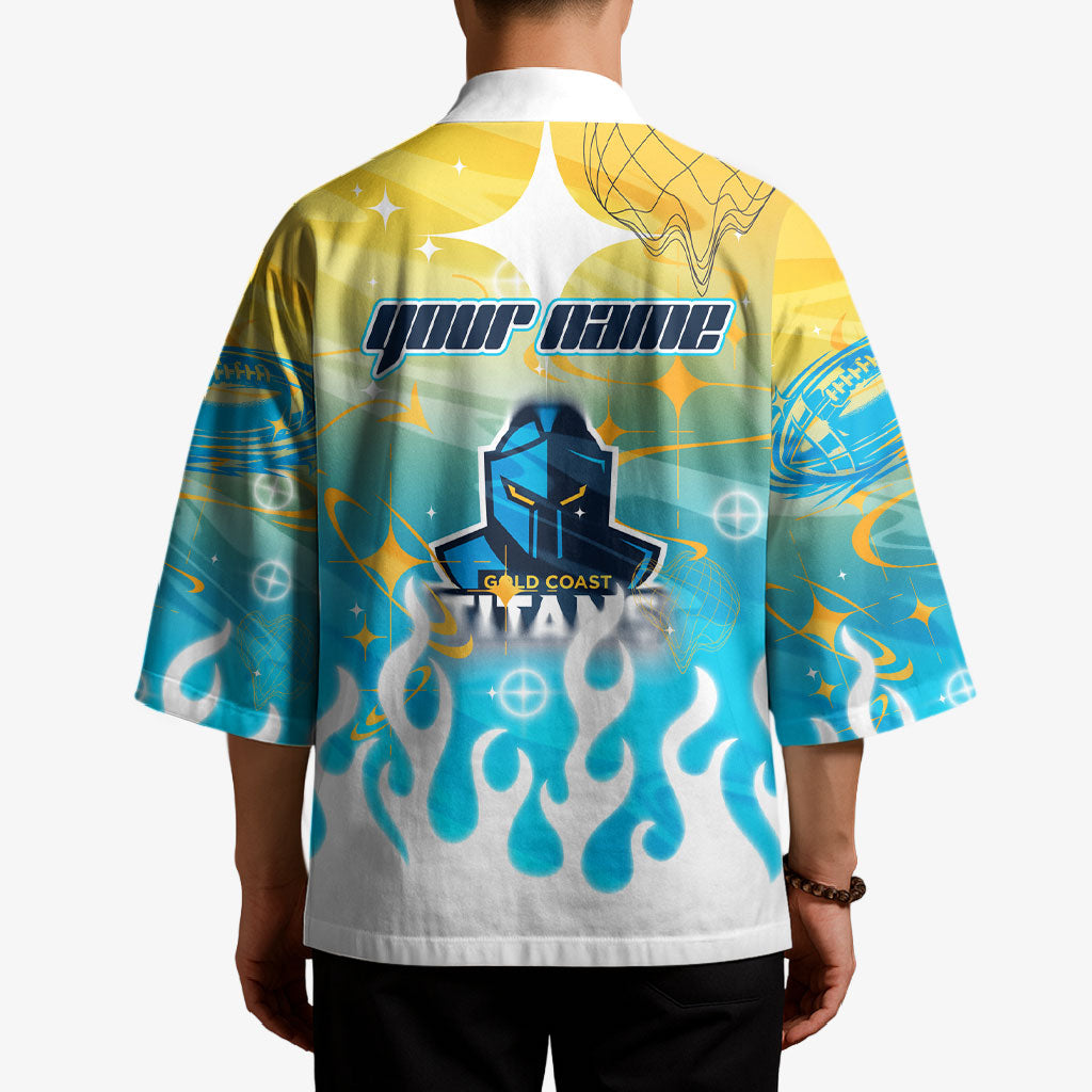 Personalized Gold Coast Titans Kimono Y2K Grunge Aesthetic With Cyber Flames and Starburst Graphics