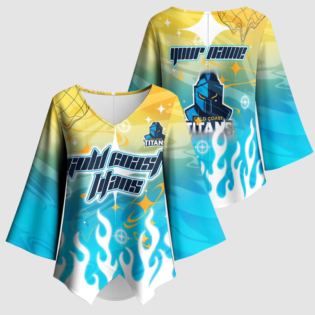 Personalized Gold Coast Titans Kimono Sleeve Blouse Y2K Grunge Aesthetic With Cyber Flames and Starburst Graphics