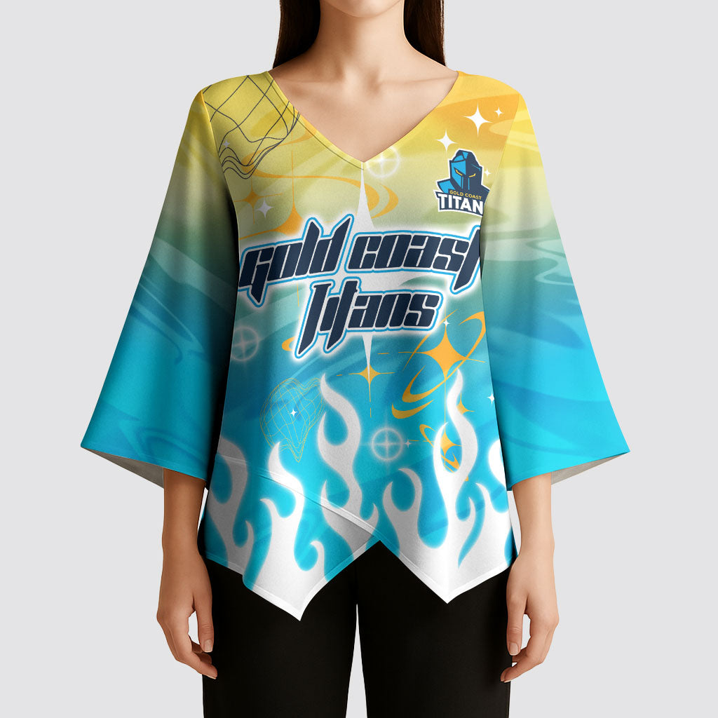 Personalized Gold Coast Titans Kimono Sleeve Blouse Y2K Grunge Aesthetic With Cyber Flames and Starburst Graphics