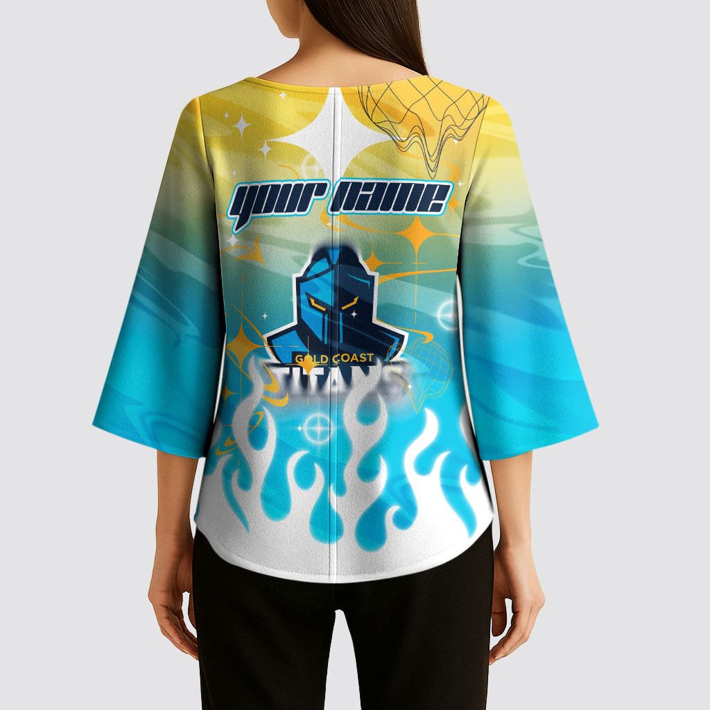 Personalized Gold Coast Titans Kimono Sleeve Blouse Y2K Grunge Aesthetic With Cyber Flames and Starburst Graphics