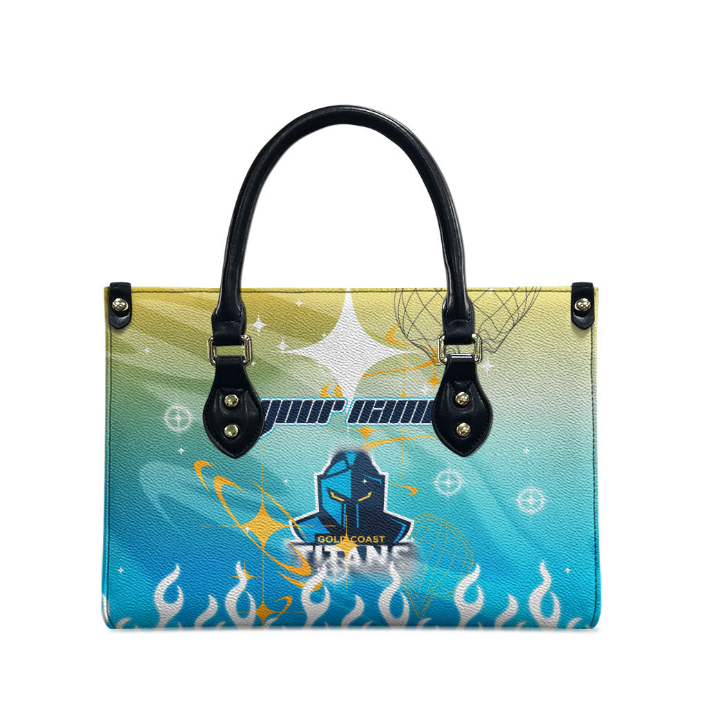 Personalized Gold Coast Titans Leather Bag Y2K Grunge Aesthetic With Cyber Flames and Starburst Graphics
