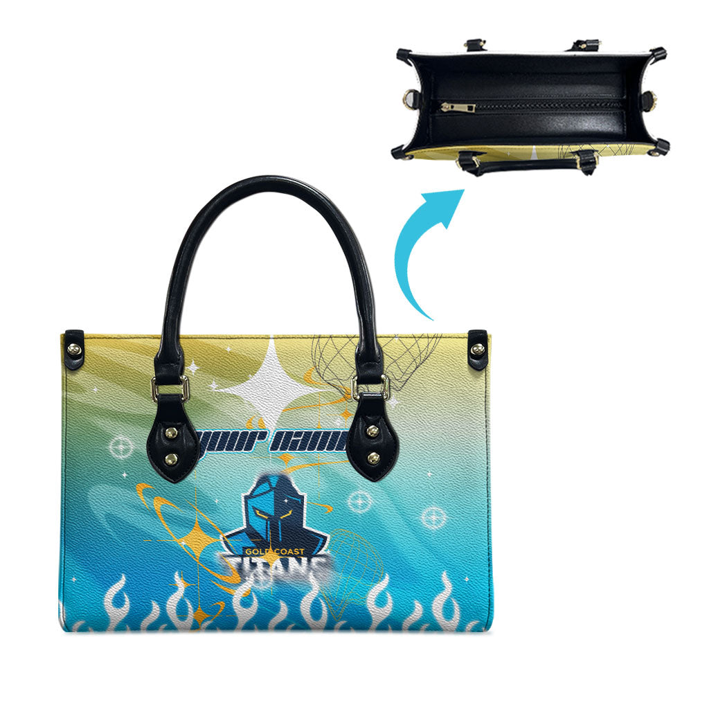 Personalized Gold Coast Titans Leather Bag Y2K Grunge Aesthetic With Cyber Flames and Starburst Graphics