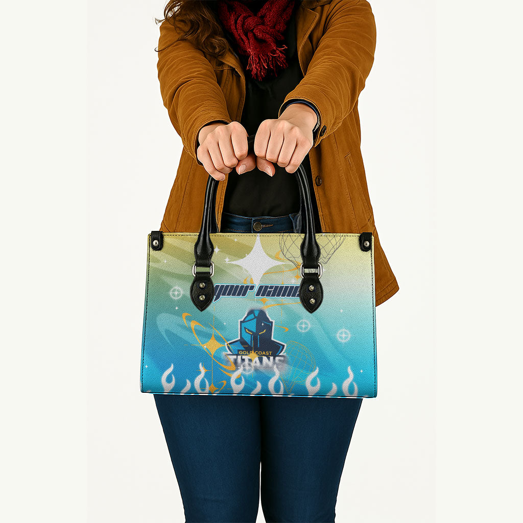 Personalized Gold Coast Titans Leather Bag Y2K Grunge Aesthetic With Cyber Flames and Starburst Graphics