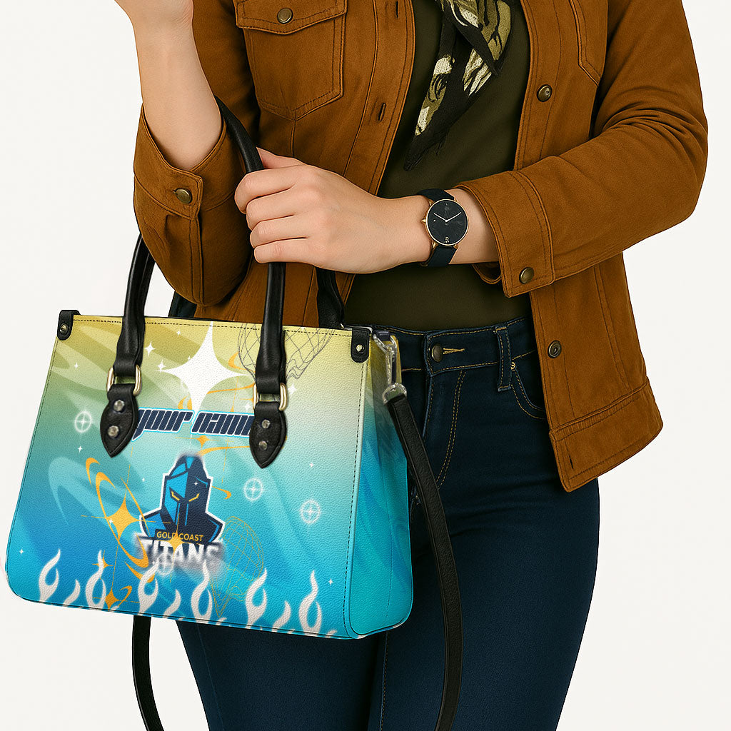Personalized Gold Coast Titans Leather Bag Y2K Grunge Aesthetic With Cyber Flames and Starburst Graphics