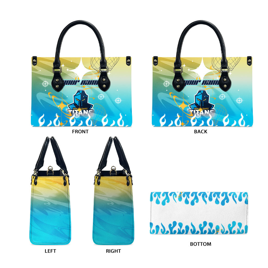 Personalized Gold Coast Titans Leather Bag Y2K Grunge Aesthetic With Cyber Flames and Starburst Graphics