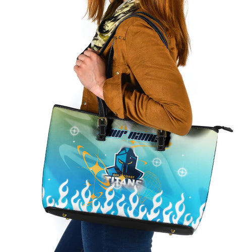 Personalized Gold Coast Titans Leather Tote Bag Y2K Grunge Aesthetic With Cyber Flames and Starburst Graphics